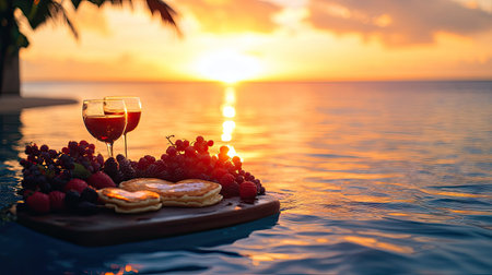 A floating breakfast setup with heart-shaped pancakes, fresh berries, and romantic decor in a pool with sunset viewsの素材