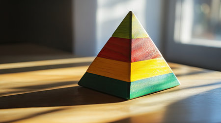 A multicolored wooden pyramid toy sitting on a table, sunlight casting soft shadows.の素材