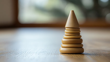 A minimalist photo of a wooden pyramid toy, rings neatly stacked, on a smooth wooden floor.の素材