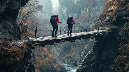 A pair of hikers with walking poles crossing a narrow wooden bridge over a deep gorge.の素材