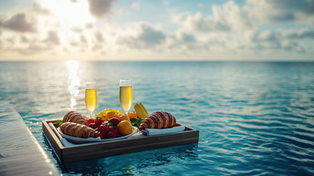 A luxurious floating breakfast tray with fresh fruit, croissants, and mimosas drifting in a serene infinity pool overlooking the oceanの素材