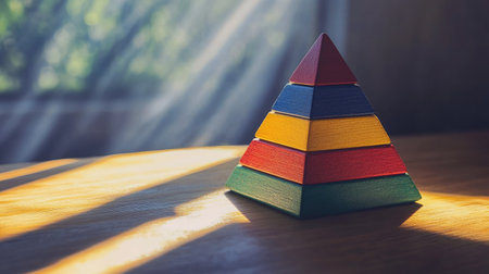 A multicolored wooden pyramid toy sitting on a table, sunlight casting soft shadows.の素材