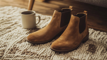 A pair of suede ankle boots in warm earthy tones, resting on a cozy rug beside a coffee mug.の素材
