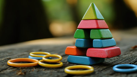 A multicolored wooden pyramid toy lying on its side, with rings scattered nearby.の素材