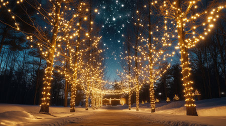 A magical outdoor Christmas display with glittering fairy lights wrapped around tall trees under a starry winter skyの素材