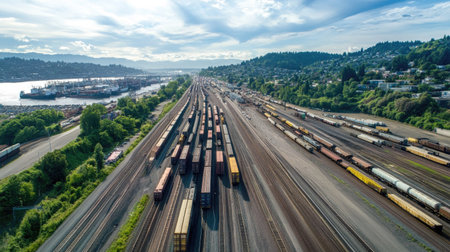 A panoramic aerial shot of an intermodal freight yard where trains, trucks, and ships converge for seamless logisticsの素材