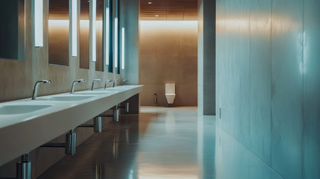 A minimalist design restroom in a contemporary office building with sleek fixtures, clean surfaces, and soft lightingの素材