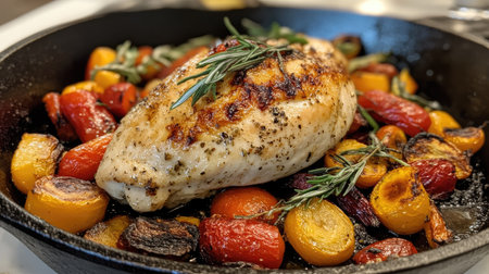 A juicy chicken breast cooked in a cast iron skillet, surrounded by colorful roasted vegetablesの素材