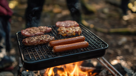 A group of friends grilling hot dogs and burgers over a portable camping grill, with laughter and nature surrounding themの素材