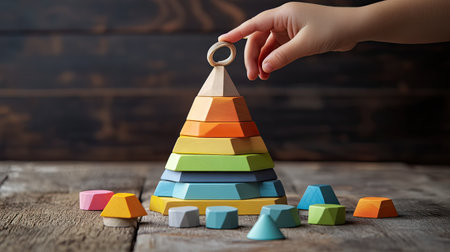 A multicolored wooden pyramid toy with a child's hand mid-action, stacking a ring.の素材