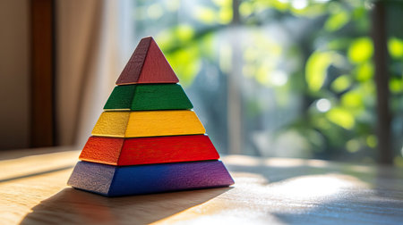 A multicolored wooden pyramid toy sitting on a table, sunlight casting soft shadows.の素材