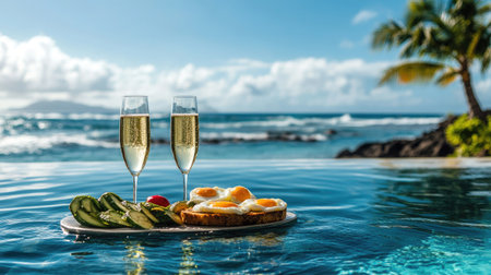 A gourmet floating breakfast with poached eggs, avocado toast, and champagne in an infinity pool overlooking a tropical beachの素材