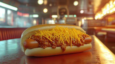 A hot dog smothered in chili and shredded cheese, served steaming hot in a cozy diner boothの素材