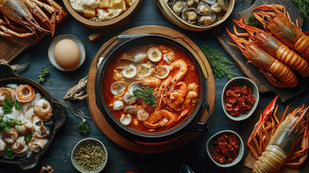A seafood hot pot with a split pot design, offering spicy and mild broths, surrounded by fresh seafood plattersの素材