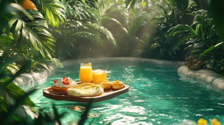 A sunny morning pool scene with a floating tray of omelets, fresh juice, and pastries, framed by lush greeneryの素材