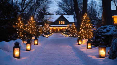 A snowy pathway lined with twinkling lights and glowing lanterns, leading to a beautifully decorated houseの素材