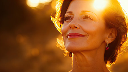 A radiant woman wearing small, elegant ruby earrings, smiling softly in warm, golden light.の素材