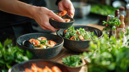 A seafood hot pot with prawns and mussels being served into bowls, with fresh herbs and spices visible on the tableの素材