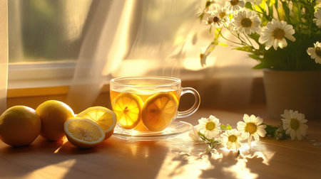 A vibrant tea scene with a glass cup, fresh lemon slices, and flowers in the soft glow of afternoon sun.の素材