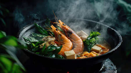 A seafood hot pot with live-action steam and rich textures of prawns, squid, tofu, and leafy greens, ready for servingの素材