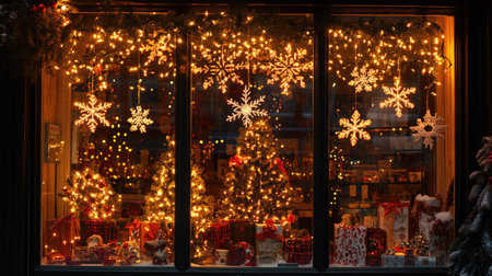 A shop window adorned with glittering Christmas lights, snowflakes, and festive holiday displaysの素材