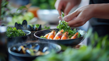 A seafood hot pot with prawns and mussels being served into bowls, with fresh herbs and spices visible on the tableの素材