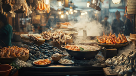A seafood hot pot feast presented in a traditional Asian market setting with fresh seafood on displayの素材