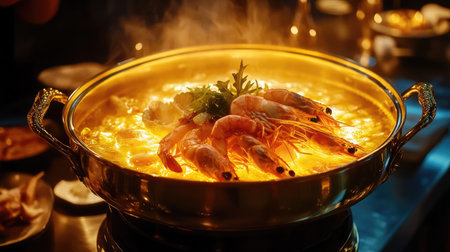 A seafood hot pot with glowing golden broth and intricate garnishes, set in a high-end restaurant environmentの素材