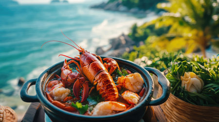 A vibrant seafood hot pot served outdoors with a scenic seaside view, featuring lobster, prawns, and fresh herbsの素材