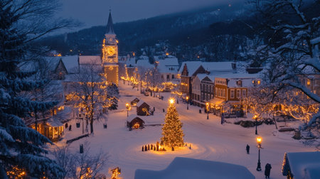 A snowy town square illuminated by glittering holiday lights and a glowing nativity scene centerpieceの素材