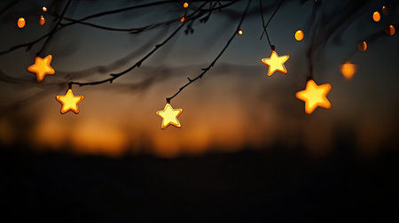 A soft bokeh effect of golden stars glowing warmly in the distance on a dark evening backgroundの素材