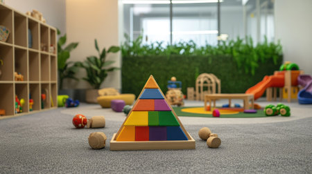 A toddler's play area with a multicolored wooden pyramid toy at the center of the scene.の素材