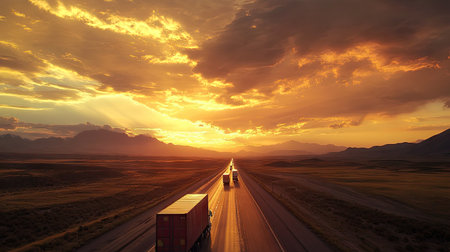 A vast open road with multiple freight trucks transporting goods under a dramatic sunset skyの素材