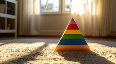 A vibrant multicolored wooden pyramid toy sitting on a soft beige rug in a sunlit nursery.の素材