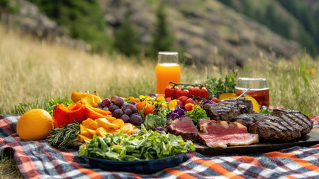 A vibrant camping picnic setup with fresh salads, grilled meat, and fruit, displayed on a checkered blanket in a clearingの素材
