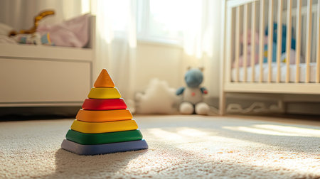 A vibrant multicolored wooden pyramid toy sitting on a soft beige rug in a sunlit nursery.の素材