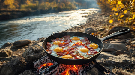A skillet of bacon and eggs sizzling over a campfire, with a river and distant mountains in the backgroundの素材