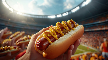 A stadium scene with fans enjoying hot dogs topped with mustard and relish, capturing the excitement of a game dayの素材