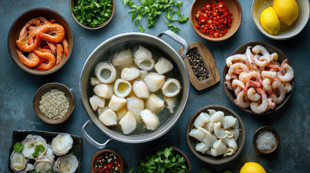 A table setup for a seafood hot pot with raw ingredients like scallops, squid rings, and fish fillets in bowls around the potの素材