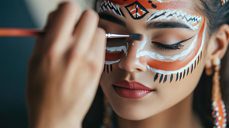 A vibrant makeup session with an artist adding tribal face paint details under natural light.の素材