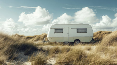 A solar-equipped caravan at a remote beachside campsite, surrounded by dunes and tall grass.の素材