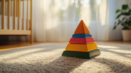 A vibrant multicolored wooden pyramid toy sitting on a soft beige rug in a sunlit nursery.の素材