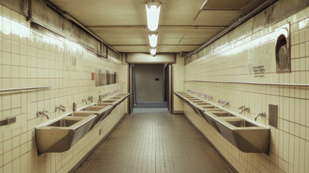 A subway public bathroom with utilitarian design, graffiti-resistant surfaces, and stainless steel fixturesの素材