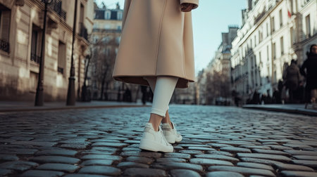 A stylish traveler in a long, neutral-toned coat and sneakers walking along a cobbled street in Parisの素材