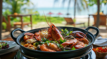 A vibrant seafood hot pot served outdoors with a scenic seaside view, featuring lobster, prawns, and fresh herbsの素材