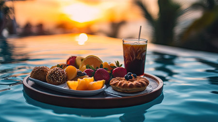 A vibrant floating breakfast tray with fresh tropical fruit, iced coffee, and pastries, set in a pool at sunriseの素材
