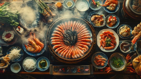 A vibrant spread of raw seafood and vegetables arranged neatly around a hot pot in a traditional Asian settingの素材