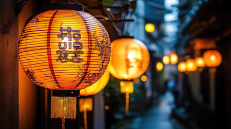 Brightly lit lanterns with intricate Chinese characters and patterns illuminating a dark alley.の素材