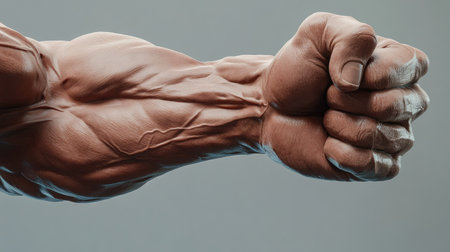 A close-up of a bodybuilder's flexed arm, showcasing detailed muscle striations and vascularity.の素材