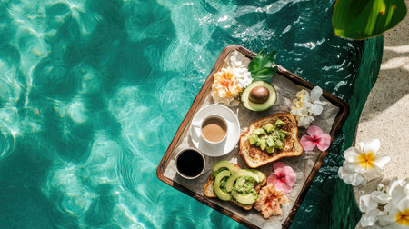 A close-up of a floating breakfast tray with avocado toast, coffee, and tropical flowers, surrounded by crystal-clear pool waterの素材
